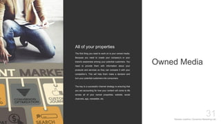 Mariska Josefine | Dynamics Marketing Lab
31
Owned Media
The first thing you need to work on is your owned media.
Because you need to create your company’s or your
brand’s awareness among your potential customers. You
need to provide them with information about your
products and services so they can compare it with your
competitor’s. This will help them make a decision and
turn your potential customers into consumers.
The key to a successful channel strategy is ensuring that
you are accounting for how your content will come to life
across all of your owned properties: website, social
channels, app, newsletter, etc.
All of your properties
 