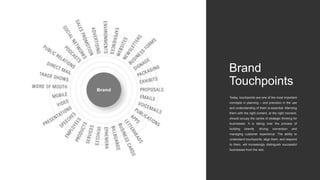 Brand
Touchpoints
Today, touchpoints are one of the most important
concepts in planning – and precision in the use
and understanding of them is essential. Marrying
them with the right content, at the right moment,
should occupy the centre of strategic thinking for
businesses. It is taking over the process of
building brands, driving conversion and
managing customer experience. The ability to
understand touchpoints, align them, and respond
to them, will increasingly distinguish successful
businesses from the rest.
 