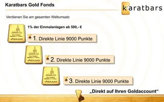 Karatbars Gold Fonds 
Verdienen Sie am gesamten Weltumsatz 
1. Direkte Linie 9000 Punkte 
2. Direkte Linie 9000 Punkte 
3. Direkte Linie 9000 Punkte 
„Direkt auf Ihren Goldaccount“ 
1% der Einmalanlagen ab 500,- €  
