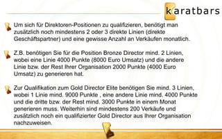 Um sich für Direktoren-Positionen zu qualifizieren, benötigt man zusätzlich noch mindestens 2 oder 3 direkte Linien (direkte Geschäftspartner) und eine gewisse Anzahl an Verkäufen monatlich. 
Z.B. benötigen Sie für die Position Bronze Director mind. 2 Linien, wobei eine Linie 4000 Punkte (8000 Euro Umsatz) und die andere Linie bzw. der Rest Ihrer Organisation 2000 Punkte (4000 Euro Umsatz) zu generieren hat. 
Zur Qualifikation zum Gold Director Elite benötigen Sie mind. 3 Linien, wobei 1 Linie mind. 9000 Punkte , eine andere Linie mind. 4000 Punkte und die dritte bzw. der Rest mind. 3000 Punkte in einem Monat generieren muss. Weiterhin sind mindestens 200 Verkäufe und zusätzlich noch ein qualifizierter Gold Director aus Ihrer Organisation nachzuweisen. 
 