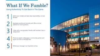 25
What If We Fumble?
Using Authenticity To Get Back In The Game
Admit your mistake and take clear responsibility…no buts
allowed.
1
Video with a recognizable, friendly staff member’s face is
always best.
Apologize quickly and sincerely and offer an email
address for more questions.
Phone an expert colleguage or community partner and
figure out how to message best.
Where you message is as important as how.
2
3
4
5
 