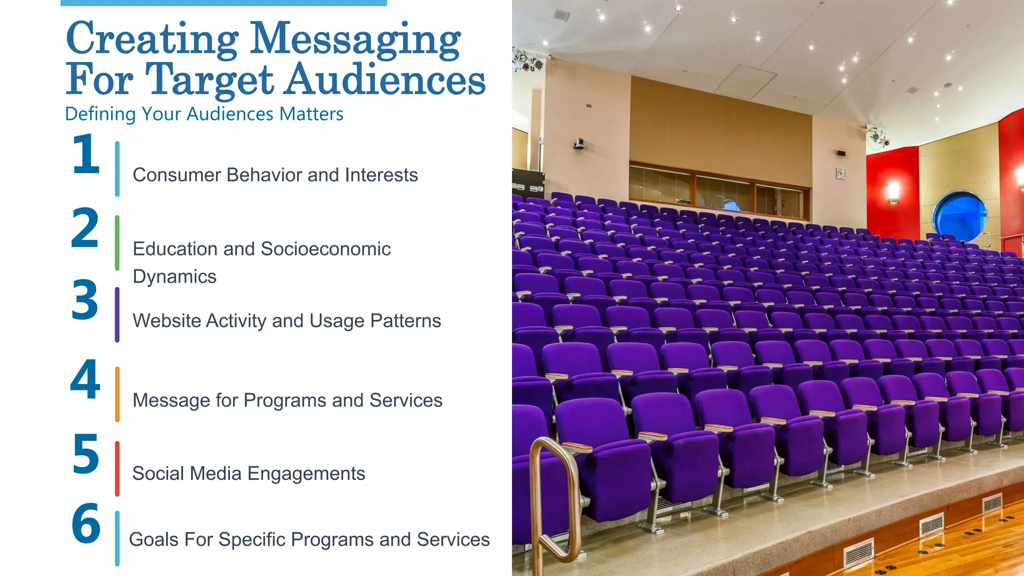 23Creating Messaging
For Target Audiences
Defining Your Audiences Matters
Consumer Behavior and Interests1
Education and Socioeconomic
Dynamics
Website Activity and Usage Patterns
Message for Programs and Services
Social Media Engagements
2
3
4
5
6 Goals For Specific Programs and Services
 