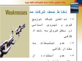 ‫صدف‬ ‫شرکت‬ ‫ضعف‬ ‫نقاط‬
•-‫نداشتن‬‫شبکه‬‫توزیع‬
‫قوی‬‫و‬‫نیروی‬‫انسانی‬
‫در‬‫بخش‬‫فروش‬‫به‬‫تعداد‬
‫کافی‬
•-‫عدم‬‫تبلیغات‬‫به‬
‫مقدار‬‫کافی‬
•-‫عدم‬‫استفاده‬‫از‬
 