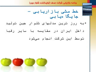 ‫بازاریابی‬ ‫مشی‬ ‫خط‬–
‫یابی‬‫جایگاه‬
•‫به‬‫روز‬‫ترین‬‫مدلهای‬‫شلوار‬‫جین‬‫تولید‬
‫داخل‬‫ایران‬‫در‬‫مقایسه‬‫با‬‫سایر‬‫رقبا‬
‫توسط‬‫این‬‫شرکت‬‫انجام‬‫شود‬‫می‬
 