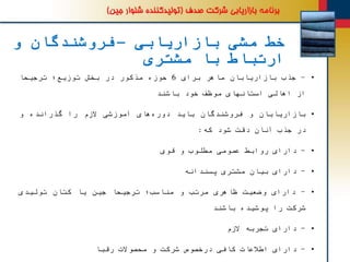 ‫بازاریابی‬ ‫مشی‬ ‫خط‬–‫و‬ ‫فروشندگان‬
‫مشتری‬ ‫با‬ ‫ارتباط‬
•-‫جذب‬‫بازاریابان‬‫ماهر‬‫برای‬6‫حوزه‬‫مذکور‬‫در‬‫بخش‬‫توزیع؛‬‫ترجیحا‬
‫از‬‫اهالی‬‫استانهای‬‫موظف‬‫خود‬‫باشند‬
•‫بازاریابان‬‫و‬‫فروشندگان‬‫باید‬‫های‬‫دوره‬‫آموزشی‬‫الزم‬‫را‬‫گذرانده‬‫و‬
‫در‬‫جذب‬‫آنان‬‫دقت‬‫شود‬‫که‬:
•-‫دارای‬‫روابط‬‫عمومی‬‫مطلوب‬‫و‬‫قوی‬
•-‫دارای‬‫بیان‬‫مشتری‬‫پسندانه‬
•-‫دارای‬‫وضعیت‬‫ظاهری‬‫مرتب‬‫و‬‫مناسب؛‬‫ترجیحا‬‫جین‬‫یا‬‫کتان‬‫تولیدی‬
‫شرکت‬‫را‬‫پوشیده‬‫باشند‬
•-‫دارای‬‫تجربه‬‫الزم‬
•-‫دارای‬‫اطالعات‬‫کافی‬‫درخصوص‬‫شرکت‬‫و‬‫محصوالت‬‫رقبا‬
 