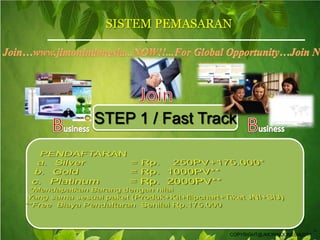SISTEM PEMASARANJoin…www.jimonindonesia...NOW!!...For Global Opportunity…Join NOW…JoinSTEP 1 / Fast TrackBusinessBusinessPENDAFTARAN Silver		= Rp.    250PV+175.000*Gold		= Rp.  1000PV**Platinum	= Rp.  2000PV***Mendapatkan Barang dengan nilaiYang sama sesuai paket (Produk+Kit+flipchart+Tiket JNI+SIJ)**Free  Biaya Pendaftaran  Senilai Rp.175.000TMCOPYRIGHT@JMONINDONESIA2010