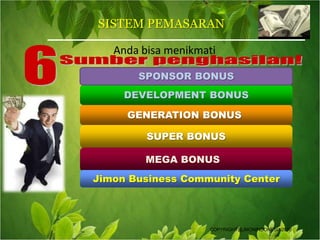 SISTEM PEMASARANAnda bisa menikmati6Sumber penghasilan!SPONSOR BONUSDEVELOPMENT BONUSGENERATION BONUS SUPER BONUSMEGA BONUSJimon Business Community CenterCOPYRIGHT@JMONINDONESIA2010TM
