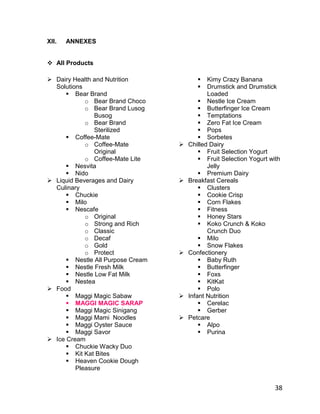 XII.   ANNEXES


 All Products

 Dairy Health and Nutrition                 Kimy Crazy Banana
  Solutions                                  Drumstick and Drumstick
       Bear Brand                            Loaded
            o Bear Brand Choco              Nestle Ice Cream
            o Bear Brand Lusog              Butterfinger Ice Cream
               Busog                        Temptations
            o Bear Brand                    Zero Fat Ice Cream
               Sterilized                   Pops
       Coffee-Mate                         Sorbetes
            o Coffee-Mate             Chilled Dairy
               Original                     Fruit Selection Yogurt
            o Coffee-Mate Lite              Fruit Selection Yogurt with
       Nesvita                               Jelly
       Nido                                Premium Dairy
 Liquid Beverages and Dairy          Breakfast Cereals
  Culinary                                  Clusters
       Chuckie                             Cookie Crisp
       Milo                                Corn Flakes
       Nescafe                             Fitness
            o Original                      Honey Stars
            o Strong and Rich               Koko Crunch & Koko
            o Classic                         Crunch Duo
            o Decaf                         Milo
            o Gold                          Snow Flakes
            o Protect                 Confectionery
       Nestle All Purpose Cream            Baby Ruth
       Nestle Fresh Milk                   Butterfinger
       Nestle Low Fat Milk                 Foxs
       Nestea                              KitKat
 Food                                      Polo
       Maggi Magic Sabaw             Infant Nutrition
       MAGGI MAGIC SARAP                   Cerelac
       Maggi Magic Sinigang                Gerber
       Maggi Mami Noodles            Petcare
       Maggi Oyster Sauce                  Alpo
       Maggi Savor                         Purina
 Ice Cream
       Chuckie Wacky Duo
       Kit Kat Bites
       Heaven Cookie Dough
         Pleasure


                                                                      38
 