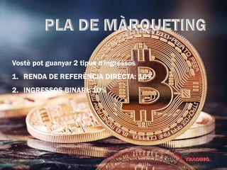 Vostè pot guanyar 2 tipus d'ingressos
1. RENDA DE REFERÈNCIA DIRECTA: 10%
2. INGRESSOS BINARI: 10%
 