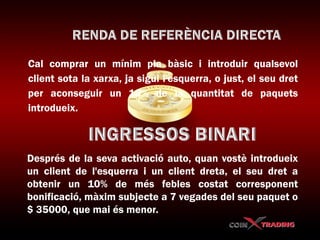 Cal comprar un mínim pla bàsic i introduir qualsevol
client sota la xarxa, ja sigui l'esquerra, o just, el seu dret
per aconseguir un 10% de la quantitat de paquets
introdueix.
Després de la seva activació auto, quan vostè introdueix
un client de l'esquerra i un client dreta, el seu dret a
obtenir un 10% de més febles costat corresponent
bonificació, màxim subjecte a 7 vegades del seu paquet o
$ 35000, que mai és menor.
 