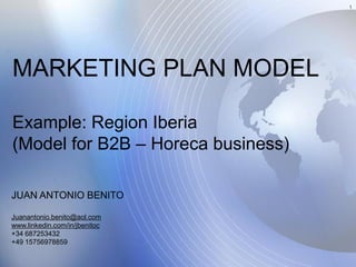 1
MARKETING PLAN MODEL
Example: Region Iberia
(Model for B2B – Horeca business)
JUAN ANTONIO BENITO
Juanantonio.benito@aol.com
www.linkedin.com/in/jbenitoc
+34 687253432
+49 15756978859
 