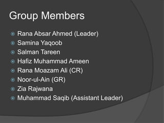 Group Members









Rana Absar Ahmed (Leader)
Samina Yaqoob
Salman Tareen
Hafiz Muhammad Ameen
Rana Moazam Ali (CR)
Noor-ul-Ain (GR)
Zia Rajwana
Muhammad Saqib (Assistant Leader)

 