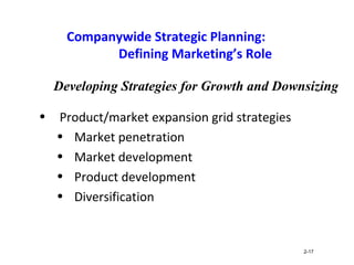 Companywide Strategic Planning:
Defining Marketing’s Role
• Product/market expansion grid strategies
• Market penetration
• Market development
• Product development
• Diversification
2-17
Developing Strategies for Growth and Downsizing
 