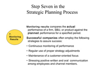 Step Seven in the
Strategic Planning Process
7.
Monitoring
Results
Monitoring results compares the actual
performance of a firm, SBU, or product against the
planned performance for a specified period.
Successful companies often employ the following
strategies to assure success:
• Continuous monitoring of performance
• Regular use of proper strategy adjustments
• Maintenance of a customer-oriented focus
• Stressing positive written and oral communication
among employees and channel members.
 