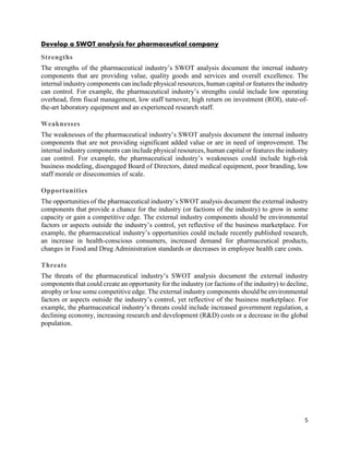 5
Develop a SWOT analysis for pharmaceutical company
Strengths
The strengths of the pharmaceutical industry’s SWOT analysis document the internal industry
components that are providing value, quality goods and services and overall excellence. The
internal industry components can include physical resources, human capital or features the industry
can control. For example, the pharmaceutical industry’s strengths could include low operating
overhead, firm fiscal management, low staff turnover, high return on investment (ROI), state-of-
the-art laboratory equipment and an experienced research staff.
Weaknesses
The weaknesses of the pharmaceutical industry’s SWOT analysis document the internal industry
components that are not providing significant added value or are in need of improvement. The
internal industry components can include physical resources, human capital or features the industry
can control. For example, the pharmaceutical industry’s weaknesses could include high-risk
business modeling, disengaged Board of Directors, dated medical equipment, poor branding, low
staff morale or diseconomies of scale.
Opportunities
The opportunities of the pharmaceutical industry’s SWOT analysis document the external industry
components that provide a chance for the industry (or factions of the industry) to grow in some
capacity or gain a competitive edge. The external industry components should be environmental
factors or aspects outside the industry’s control, yet reflective of the business marketplace. For
example, the pharmaceutical industry’s opportunities could include recently published research,
an increase in health-conscious consumers, increased demand for pharmaceutical products,
changes in Food and Drug Administration standards or decreases in employee health care costs.
Threats
The threats of the pharmaceutical industry’s SWOT analysis document the external industry
components that could create an opportunity for the industry (or factions of the industry) to decline,
atrophy or lose some competitive edge. The external industry components should be environmental
factors or aspects outside the industry’s control, yet reflective of the business marketplace. For
example, the pharmaceutical industry’s threats could include increased government regulation, a
declining economy, increasing research and development (R&D) costs or a decrease in the global
population.
 