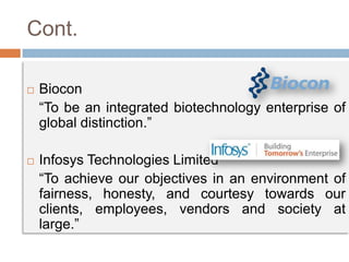 Cont.
 Biocon
“To be an integrated biotechnology enterprise of
global distinction.”
 Infosys Technologies Limited
“To achieve our objectives in an environment of
fairness, honesty, and courtesy towards our
clients, employees, vendors and society at
large.”
 