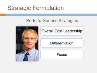 Strategic Formulation
Porter’s Generic Strategies
Overall Cost Leadership
Differentiation
Focus
 