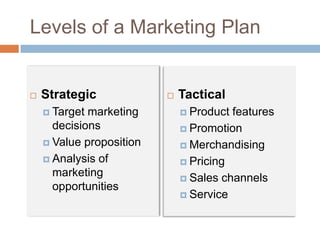 Levels of a Marketing Plan
 Strategic
 Target marketing
decisions
 Value proposition
 Analysis of
marketing
opportunities
 Tactical
 Product features
 Promotion
 Merchandising
 Pricing
 Sales channels
 Service
 