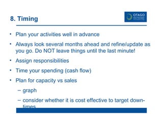 8. Timing Plan your activities well in advance Always look several months ahead and refine/update as you go. Do NOT leave things until the last minute! Assign responsibilities Time your spending (cash flow) Plan for capacity vs sales graph consider whether it is cost effective to target down-times 