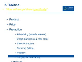 5. Tactics “ How will we get there  specifically ” Product Price Promotion Advertising (include Internet) Direct marketing eg. mail order Sales Promotion Personal Selling Publicity PR (incl. Sponsorship) Message Media (Place) Distribution 