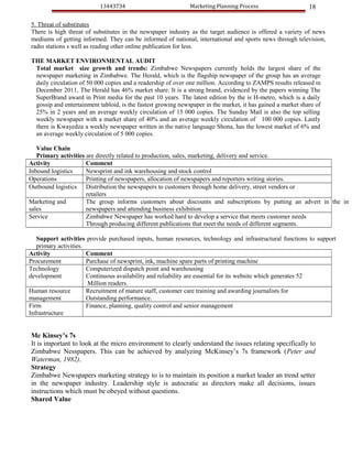 13443734                           Marketing Planning Process                     18

5. Threat of substitutes
There is high threat of substitutes in the newspaper industry as the target audience is offered a variety of news
mediums of getting informed. They can be informed of national, international and sports news through television,
radio stations s well as reading other online publication for less.

THE MARKET ENVIRONMENTAL AUDIT
 Total market size growth and trends: Zimbabwe Newspapers currently holds the largest share of the
 newspaper marketing in Zimbabwe. The Herald, which is the flagship newspaper of the group has an average
 daily circulation of 50 000 copies and a readership of over one million. According to ZAMPS results released in
 December 2011, The Herald has 46% market share. It is a strong brand, evidenced by the papers winning The
 SuperBrand award in Print media for the past 10 years. The latest edition by the is H-metro, which is a daily
 gossip and entertainment tabloid, is the fastest growing newspaper in the market, it has gained a market share of
 25% in 2 years and an average weekly circulation of 15 000 copies. The Sunday Mail is also the top selling
 weekly newspaper with a market share of 40% and an average weekly circulation of 100 000 copies. Lastly
 there is Kwayedza a weekly newspaper written in the native language Shona, has the lowest market of 6% and
 an average weekly circulation of 5 000 copies.

   Value Chain
   Primary activities are directly related to production, sales, marketing, delivery and service.
Activity              Comment
Inbound logistics     Newsprint and ink warehousing and stock control
Operations            Printing of newspapers, allocation of newspapers and reporters writing stories.
Outbound logistics Distribution the newspapers to customers through home delivery, street vendors or
                      retailers
Marketing and         The group informs customers about discounts and subscriptions by putting an advert in the in
sales                 newspapers and attending business exhibition
Service               Zimbabwe Newspaper has worked hard to develop a service that meets customer needs
                      Through producing different publications that meet the needs of different segments.

   Support activities provide purchased inputs, human resources, technology and infrastructural functions to support
   primary activities.
Activity               Comment
Procurement            Purchase of newsprint, ink, machine spare parts of printing machine
Technology             Computerized dispatch point and warehousing
development            Continuous availability and reliability are essential for its website which generates 52
                       Million readers.
Human resource         Recruitment of mature staff, customer care training and awarding journalists for
management             Outstanding performance.
Firm                   Finance, planning, quality control and senior management
Infrastructure


Mc Kinsey’s 7s
It is important to look at the micro environment to clearly understand the issues relating specifically to
Zimbabwe Nesspapers. This can be achieved by analyzing McKinsey’s 7s framework (Peter and
Waterman, 1982).
Strategy
Zimbabwe Newspapers marketing strategy to is to maintain its position a market leader an trend setter
in the newspaper industry. Leadership style is autocratic as directors make all decisions, issues
instructions which must be obeyed without questions.
Shared Value
 