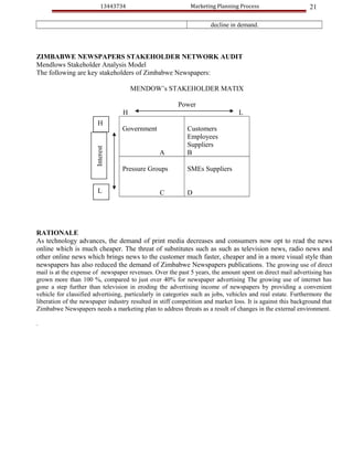 13443734                          Marketing Planning Process                      21

                                                                     decline in demand.




ZIMBABWE NEWSPAPERS STAKEHOLDER NETWORK AUDIT
Mendlows Stakeholder Analysis Model
The following are key stakeholders of Zimbabwe Newspapers:

                                      MENDOW’s STAKEHOLDER MATIX

                                                        Power
                                  H                                             L
                         H
                                  Government                Customers
                                                            Employees
                                                            Suppliers
                       Interest




                                                 A          B

                                  Pressure Groups           SMEs Suppliers


                         L                       C          D




RATIONALE
As technology advances, the demand of print media decreases and consumers now opt to read the news
online which is much cheaper. The threat of substitutes such as such as television news, radio news and
other online news which brings news to the customer much faster, cheaper and in a more visual style than
newspapers has also reduced the demand of Zimbabwe Newspapers publications. The growing use of direct
mail is at the expense of newspaper revenues. Over the past 5 years, the amount spent on direct mail advertising has
grown more than 100 %, compared to just over 40% for newspaper advertising The growing use of internet has
gone a step further than television in eroding the advertising income of newspapers by providing a convenient
vehicle for classified advertising, particularly in categories such as jobs, vehicles and real estate. Furthermore the
liberation of the newspaper industry resulted in stiff competition and market loss. It is against this background that
Zimbabwe Newspapers needs a marketing plan to address threats as a result of changes in the external environment.

.
 