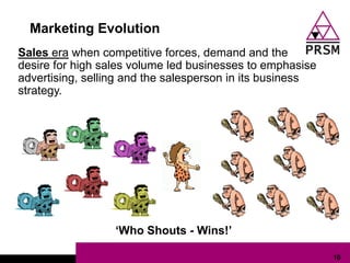 Marketing Evolution
Sales era when competitive forces, demand and the
desire for high sales volume led businesses to emphasise
advertising, selling and the salesperson in its business
strategy.




                  „Who Shouts - Wins!‟

                                                           10
 