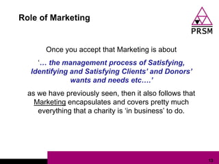 Role of Marketing


       Once you accept that Marketing is about
     „… the management process of Satisfying,
   Identifying and Satisfying Clients’ and Donors’
               wants and needs etc….’
  as we have previously seen, then it also follows that
    Marketing encapsulates and covers pretty much
     everything that a charity is „in business‟ to do.




                                                          13
 