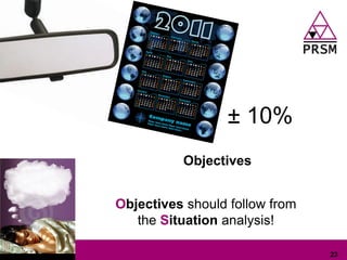 ± 10%
          Objectives


Objectives should follow from
   the Situation analysis!

                                23
 
