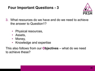 Four Important Questions - 3


3. What resources do we have and do we need to achieve
   the answer to Question1?

    •   Physical resources,
    •   Assets,
    •   Money,
    •   Knowledge and expertise
This also follows from our Objectives – what do we need
to achieve these?



                                                          28
 