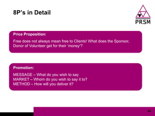 8P‟s in Detail


Price Proposition:
Free does not always mean free to Clients! What does the Sponsor,
Donor of Volunteer get for their „money‟?




Promotion:
MESSAGE – What do you wish to say
MARKET – Whom do you wish to say it to?
METHOD – How will you deliver it?




                                                                    44
 