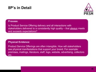 8P‟s in Detail


Process:
Is Product Service Offering delivery and all interactions with
stakeholders delivered to a consistently high quality – that always meets
and exceeds expectations?



Physical Evidence:
Product Service Offerings are often intangible. How will stakeholders
see physical manifestations that support your brand. For example:
premises, mailings, literature, staff, logo, website, advertising, collectors
etc.




                                                                                46
 
