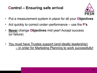Control – Ensuring safe arrival

• Put a measurement system in place for all your Objectives
• Act quickly to correct under–performance – use the P‟s
• Never change Objectives mid year! Accept success
  (or failure)


• You must have Trustee support (and ideally leadership)
      – in order for Marketing Planning to work successfully!




                                                            58
 
