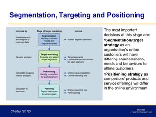 Segmentation, Targeting and Positioning

                           The most important
                           decisions at this stage are:
                           •Segmentation/target
                           strategy as an
                           organisation’s online
                           customers will have
                           differing characteristics,
                           needs and behaviours to
                           offline customers
                           •Positioning strategy as
                           competitors’ products and
                           service offerings will differ
                           in the online environment




Chaffey (2012)
 