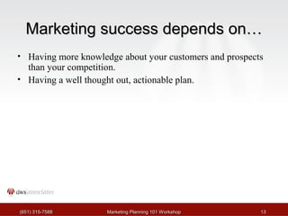 MMaarrkkeettiinngg ssuucccceessss ddeeppeennddss oonn…… 
• Having more knowledge about your customers and prospects 
than your competition. 
• Having a well thought out, actionable plan. 
((665511)) 331155--77558888 MMaarrkkeettiinngg PPllaannnniinngg 110011 WWoorrkksshhoopp 1133 
 