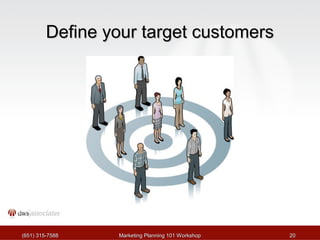 DDeeffiinnee yyoouurr ttaarrggeett ccuussttoommeerrss 
((665511)) 331155--77558888 MMaarrkkeettiinngg PPllaannnniinngg 110011 WWoorrkksshhoopp 2200 
 