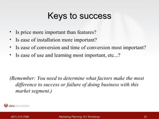 KKeeyyss ttoo ssuucccceessss 
• Is price more important than features? 
• Is ease of installation more important? 
• Is ease of conversion and time of conversion most important? 
• Is ease of use and learning most important, etc...? 
(Remember: You need to determine what factors make the most 
difference to success or failure of doing business with this 
market segment.) 
((665511)) 331155--77558888 MMaarrkkeettiinngg PPllaannnniinngg 110011 WWoorrkksshhoopp 3322 
 