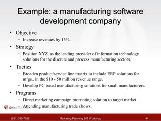 EExxaammppllee:: aa mmaannuuffaaccttuurriinngg ssooffttwwaarree 
ddeevveellooppmmeenntt ccoommppaannyy 
• Objective 
– Increase revenues by 15%. 
• Strategy 
– Position XYZ as the leading provider of information technology 
solutions for the discrete and process manufacturing sectors. 
• Tactics 
– Broaden product/service line matrix to include ERP solutions for 
mfgs.. in the $10 - 50 million revenue range. 
– Develop PC based manufacturing solutions for small manufacturers. 
• Programs 
– Direct marketing campaign promoting solution to target market. 
– Attending manufacturing trade shows. 
((665511)) 331155--77558888 MMaarrkkeettiinngg PPllaannnniinngg 110011 WWoorrkksshhoopp 4444 
 