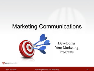 MMaarrkkeettiinngg CCoommmmuunniiccaattiioonnss 
Developing 
Your Marketing 
Programs 
((665511)) 331155--77558888 MMaarrkkeettiinngg PPllaannnniinngg 110011 WWoorrkksshhoopp 4455 
 