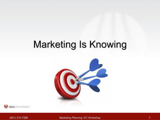MMaarrkkeettiinngg IIss KKnnoowwiinngg 
((665511)) 331155--77558888 MMaarrkkeettiinngg PPllaannnniinngg 110011 WWoorrkksshhoopp 77 
 