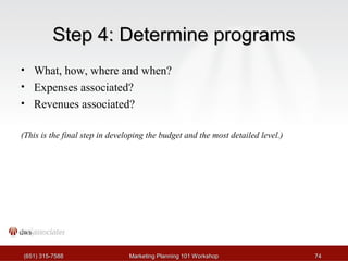 SStteepp 44:: DDeetteerrmmiinnee pprrooggrraammss 
• What, how, where and when? 
• Expenses associated? 
• Revenues associated? 
(This is the final step in developing the budget and the most detailed level.) 
((665511)) 331155--77558888 MMaarrkkeettiinngg PPllaannnniinngg 110011 WWoorrkksshhoopp 7744 
 