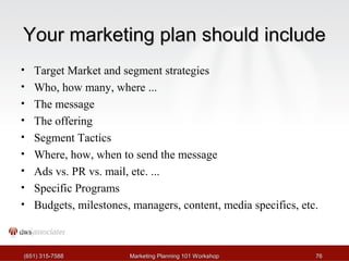 YYoouurr mmaarrkkeettiinngg ppllaann sshhoouulldd iinncclluuddee 
• Target Market and segment strategies 
• Who, how many, where ... 
• The message 
• The offering 
• Segment Tactics 
• Where, how, when to send the message 
• Ads vs. PR vs. mail, etc. ... 
• Specific Programs 
• Budgets, milestones, managers, content, media specifics, etc. 
((665511)) 331155--77558888 MMaarrkkeettiinngg PPllaannnniinngg 110011 WWoorrkksshhoopp 7766 
 
