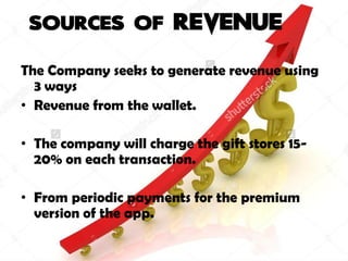 The Company seeks to generate revenue using
3 ways
• Revenue from the wallet.
• The company will charge the gift stores 15-
20% on each transaction.
• From periodic payments for the premium
version of the app.
 