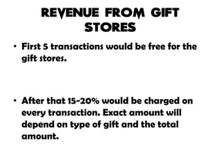 • First 5 transactions would be free for the
gift stores.
• After that 15-20% would be charged on
every transaction. Exact amount will
depend on type of gift and the total
amount.
 