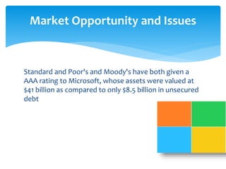 Market Opportunity and Issues 
Standard and Poor's and Moody's have both given a 
AAA rating to Microsoft, whose assets were valued at 
$41 billion as compared to only $8.5 billion in unsecured 
debt 
 
