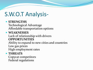 S.W.O.T Analysis-
 STRENGTHS
Technological Advantage
Affordable transportation options
 WEAKNESSES
Lack of relationship with drivers
OPPORTUNITIES
Ability to expand to new cities and countries
Low gas prices
High employment rates
 THREATS
Copycat competitors
Federal regulations
 