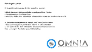 Marketing	
  Plan	
  OMNIA
H)	
  Ränge	
  /	
  Umsatz	
  muss	
  aus	
  direkter	
  Sposorlinie kommen
9.	
  Black	
  Diamond	
  /	
  Minimum	
  Inhaber	
  eines	
  Strong	
  Miner Paketes	
  
6	
  Diamonds	
  gesamt,	
  3	
  auf	
  jeder	
  Seite
6	
  Mio Dollar	
  starkes	
  Bein,	
  4	
  Mio Dollar	
  mindestens	
  im	
  schwachen	
  Bein	
  Preis:	
  Ferrari	
  458	
  
10.	
  Crown Diamond	
  /	
  Minimum	
  Inhaber	
  eines	
  Strong	
  Miner Paketes
7	
  Black	
  Diamonds	
  gesamt,	
  mindestens	
  3	
  davon	
  im	
  schwachen	
  Bein
12	
  Mio Dollar	
  starkes	
  Bein,	
  8	
  Mio Dollar	
  mindestens	
  im	
  schwachen	
  Bein
Preis:	
  Lamborghini	
   Aventador Special	
  Edition	
  /	
  Ring	
  
 