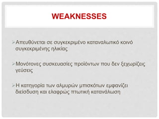 WEAKNESSES
Απευθύνεται σε συγκεκριμένο καταναλωτικό κοινό
συγκεκριμένης ηλικίας
Μονότονες συσκευασίες προϊόντων που δεν ξεχωρίζεις
γεύσεις
Η κατηγορία των αλμυρών μπισκότων εμφανίζει
διείσδυση και ελαφρώς πτωτική κατανάλωση
 