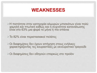 WEAKNESSES
Η πιστότητα στην κατηγορία αλμυρών μπισκότων είναι πολύ
χαμηλή και πτωτική καθώς και η συχνότητα κατανάλωσης
είναι στο 63% μια φορά το μήνα ή πιο σπάνια
Το 82% είναι περιστασιακοί πελάτες
Οι διαφημίσεις δεν έχουν απήχηση στους ενήλικες
χαρακτηρίζοντας τες κουραστικές με εκνευριστικό τραγούδι
Οι διαφημίσεις δεν οδηγούν επαρκώς στο προϊόν
 