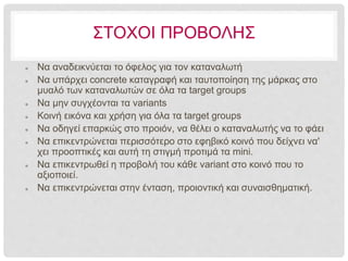 ΣΤΟΧΟΙ ΠΡΟΒΟΛΗΣ
 Να αναδεικνύεται το όφελος για τον καταναλωτή
 Να υπάρχει concrete καταγραφή και ταυτοποίηση της μάρκας στο
μυαλό των καταναλωτών σε όλα τα target groups
 Να μην συγχέονται τα variants
 Κοινή εικόνα και χρήση για όλα τα target groups
 Να οδηγεί επαρκώς στο προιόν, να θέλει ο καταναλωτής να το φάει
 Να επικεντρώνεται περισσότερο στο εφηβικό κοινό που δείχνει να'
χει προοπτικές και αυτή τη στιγμή προτιμά τα mini.
 Να επικεντρωθεί η προβολή του κάθε variant στο κοινό που το
αξιοποιεί.
 Να επικεντρώνεται στην ένταση, προιοντική και συναισθηματική.
 